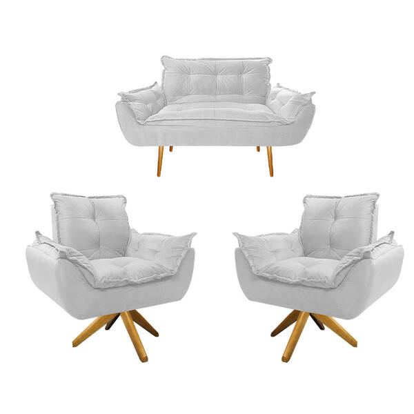 Kit Namoradeira E 02 Poltronas Opala Base Giratória De Madeir