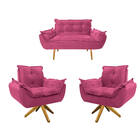 Kit Namoradeira E 02 Poltronas Opala Base Giratória De Madeir