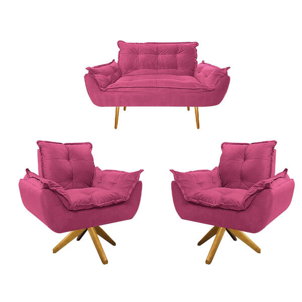 Kit Namoradeira E 02 Poltronas Opala Base Giratória De Madeir