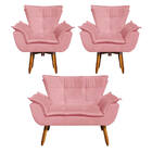 Kit Namoradeira E 02 Poltronas Opala Suede Base Giratória Pés