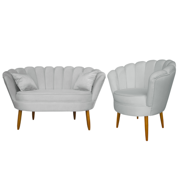 Kit Namoradeira E 1 Poltrona Pétala Decorativa Veludo Cinza -