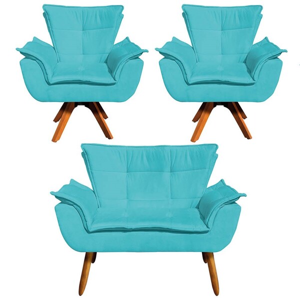 Kit Namoradeira E 2 Poltronas Base Giratória Madeira Opla Sue