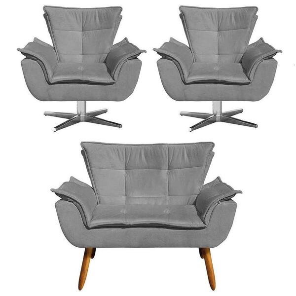 Kit Namoradeira E 2 Poltronas Giratórias Cromada Opla Suede G