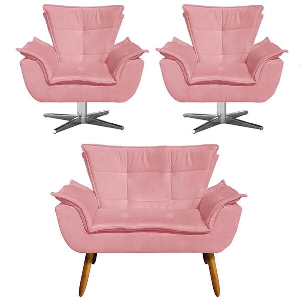 Kit Namoradeira E 2 Poltronas Giratórias Cromada Opla Suede R