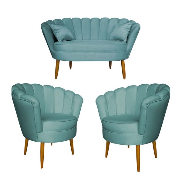 Kit Namoradeira E 2 Poltronas Pétala Decorativa Veludo Azul T