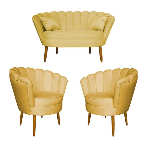 Kit Namoradeira E 2 Poltronas Pétala Decorativa Veludo - Mont