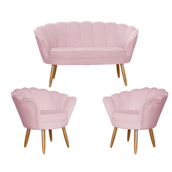 Kit Namoradeira E 2 Poltronas Pétala Decorativa Veludo Rosa -