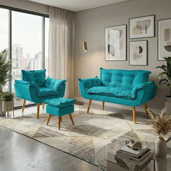 Kit Namoradeira Poltrona e Puff Decorativo Para Sala Recepção