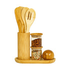 Kit Organizador Bancada C/ Utensílios Bambu Potes E Saleiro N