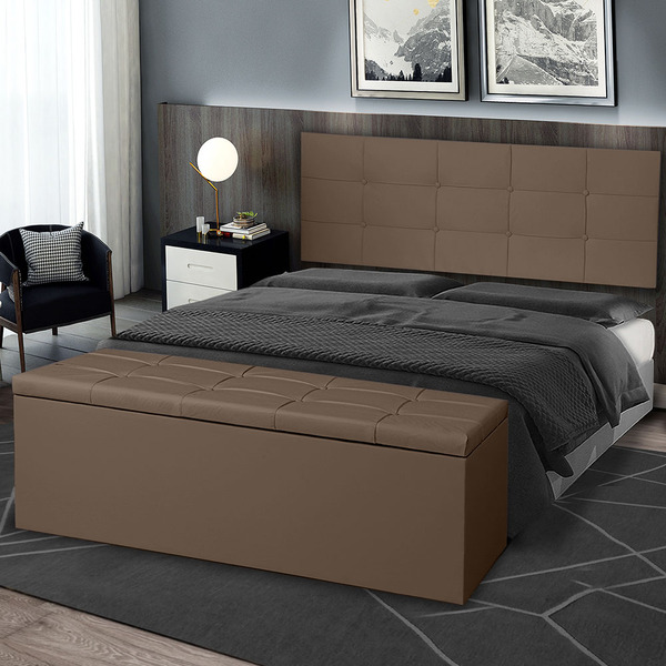 Kit Painel E Calçadeira Baú Roma Casal King 195cm Marrom - Mo