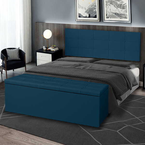 Kit Painel E Calçadeira Baú Roma Casal King 195cm Suede Azul
