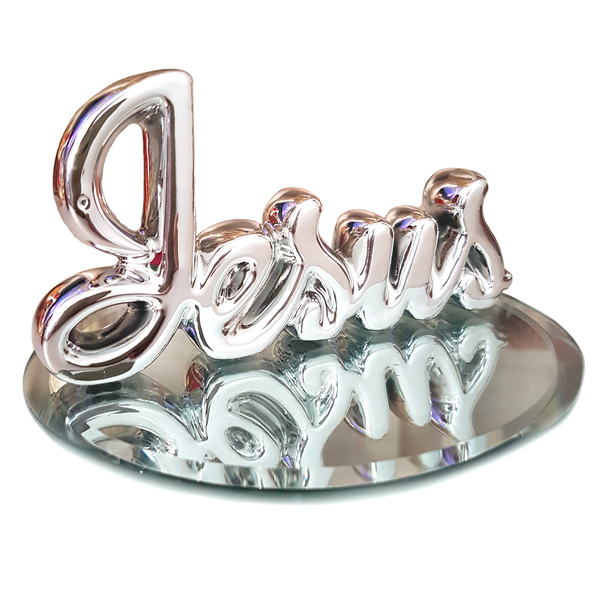 Kit Palavra Jesus Prata Decorativa Bandeja Espelhada 12x6