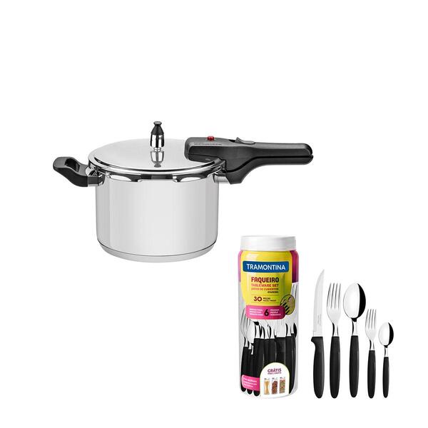 Kit - Panela De Pressão Inox 4,5l Brava + Faqueiro 30pçs Pret