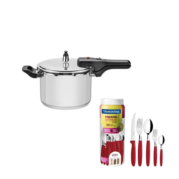 Kit - Panela De Pressão Inox 4,5l Brava + Faqueiro 30pçs Verm