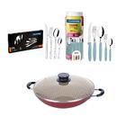 Kit - Panela Wok 36 Cm Vermelho + 1 Faqueiro Menta 30pç + 1 F