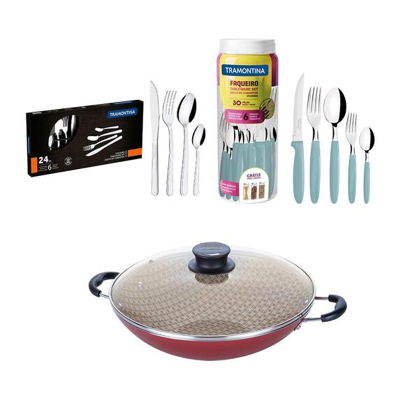 Kit - Panela Wok 36 Cm Vermelho + 1 Faqueiro Menta 30pç + 1 F