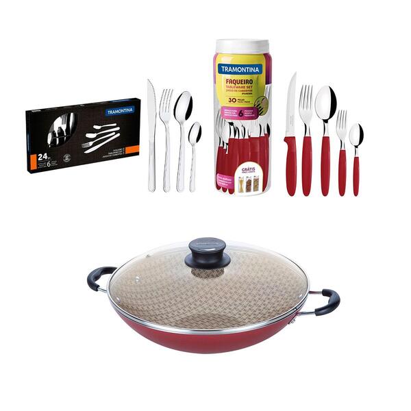 Kit - Panela Wok 36 Cm Vermelho + 1 Faqueiro Vermelho 30pç +