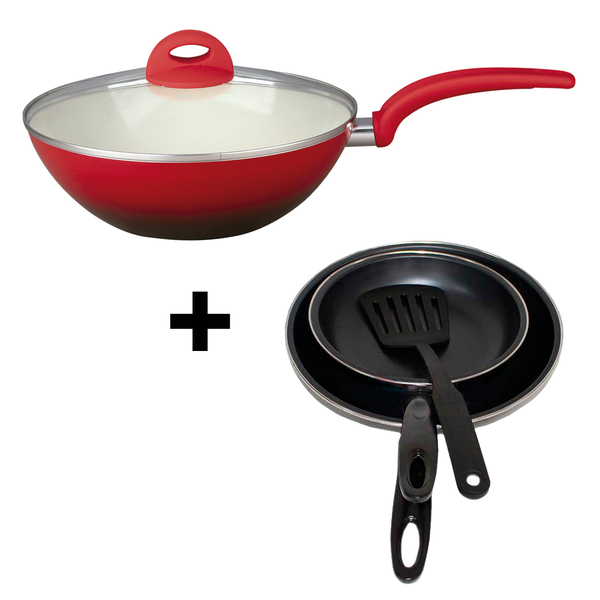 Kit Panela Wok Cerâmica + 2 Frigideiras + Espátula