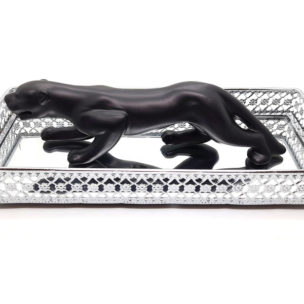 Kit Pantera Leopardo Em Porcelana Com Bandeja Espelhada 25cm