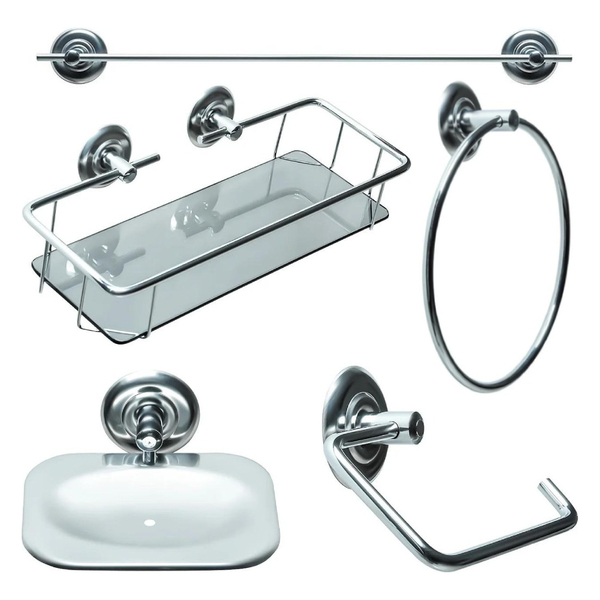 Kit Para Banheiro 5 Peças Com Porta Shampoo Fjm Classis Aço Inox ...