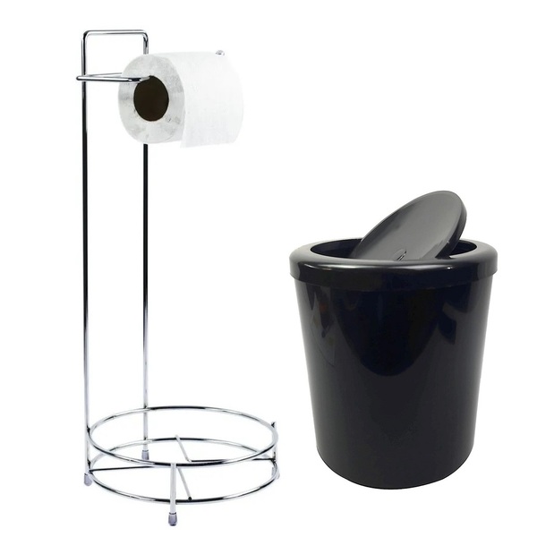 Kit Para Banheiro Com Lixeira 5l E Suporte Papel Higiênico Pr