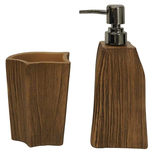 Kit Para Banheiro De Resina Marrom Estilo Madeira - 2ps