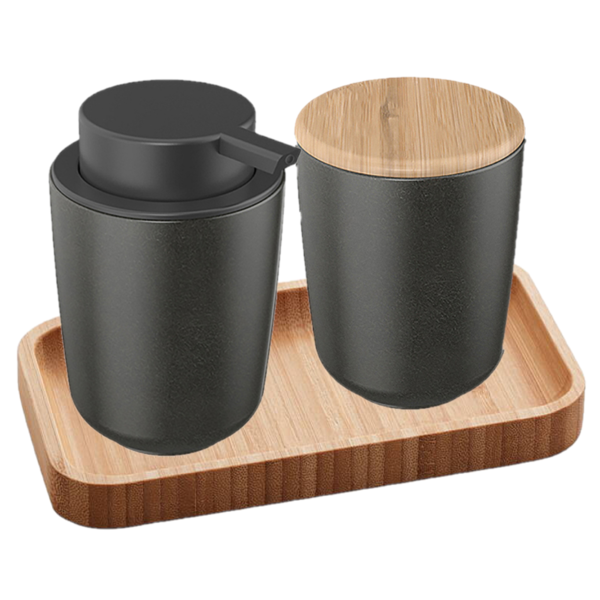 Kit Para Banheiro Lavabo 3 Peças Com Bandeja De Bambu Dispens