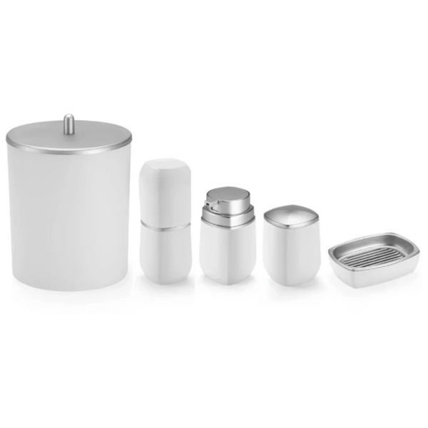 Kit Para Banheiro Lavabo 5 Peças Branco E Prata - Arthi
