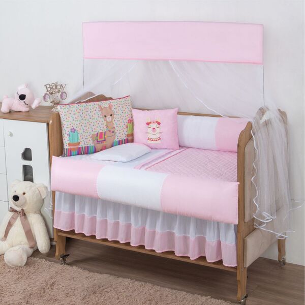 Kit Para Berço Bebê Aquarelado Ilhama 10 Peças - Rosa-branco