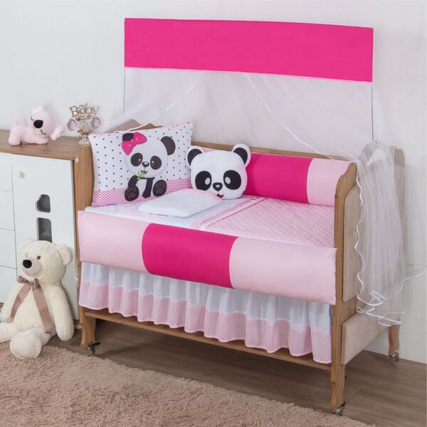 Kit Para Berço Bebê Aquarelado Panda 10 Peças - Rosa - Pink