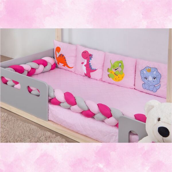 Kit Para Berço Bebê Montessoriano Dinossauro 7 Peças - Rosa -