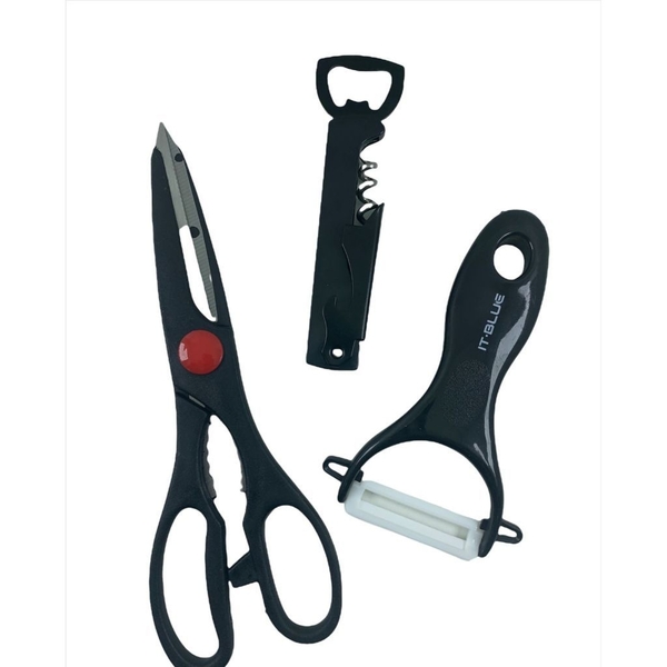 Kit Para Cozinha 3 Peças Tesoura Descascador E Abridor Saca R