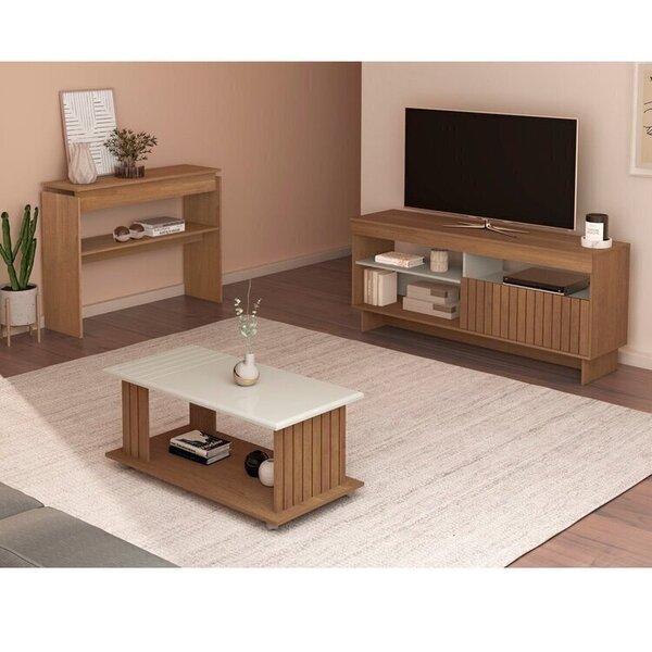 Kit Para Sala De Estar Rack Ripado E Aparador E Mesa De Centr