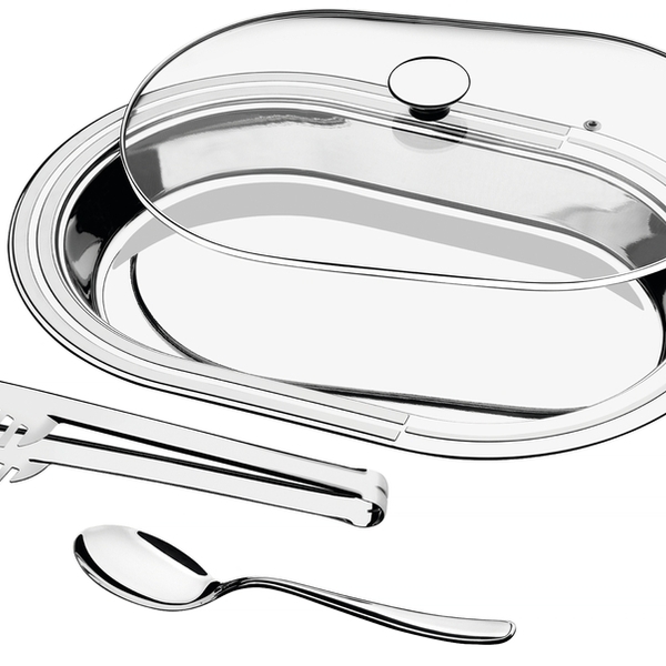 Kit Para Servir Ciclo Em Aco Inox Com Tampa De Vidro 3 Pecas