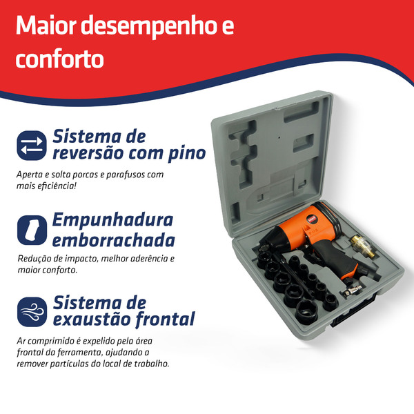 Kit Parafusadeira Chave Impacto Pneumática 17 Acessórios PN700