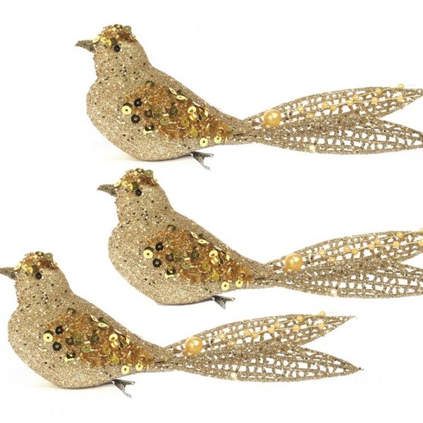 Kit Passarinho Natal Full Glitter Pérolas Dourado 16cm 3 Un