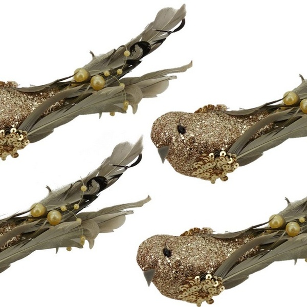 Kit Passarinho Natal Penas Pérolas Dourado 16cm 4 Unidades -