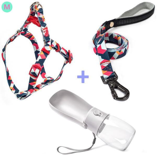 Kit Passeio Madog Triângulo M: Peitoral, Guia + Garrafa Água