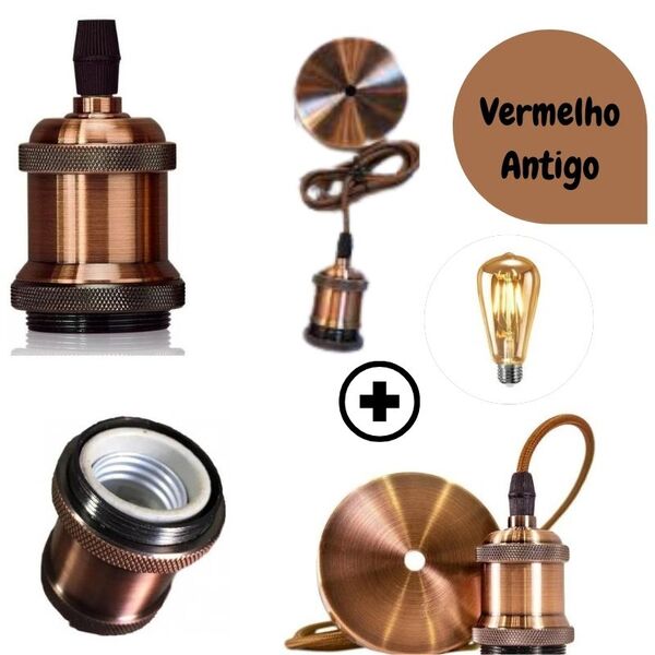 Kit Pendente Soquete E27 Retro Vintage Vermelho Antigo + Lâmp