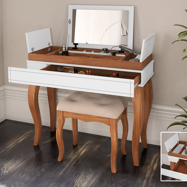 Kit Penteadeira Retrô + Banqueta Luna Pés Madeira Luiz Xv Mad