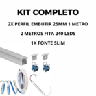 Kit Perfil de Alumínio Embutir 2m 25mm com Fita LED 14W e Fon