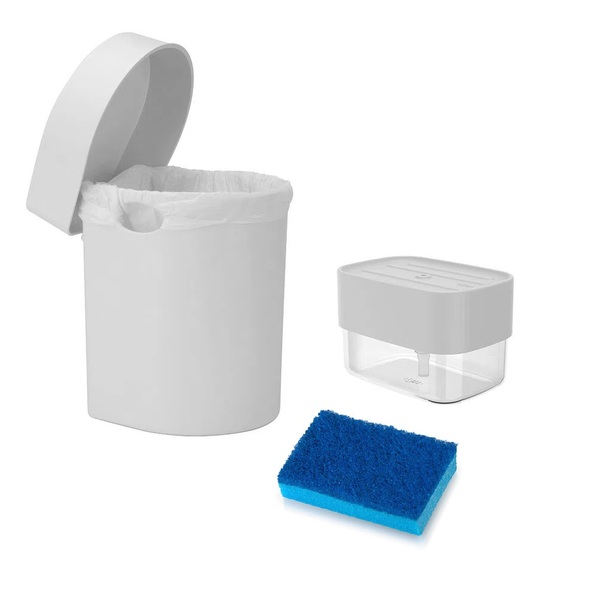 Kit Pia Lixeira + Suporte Para Detergente E Esponja - Branco