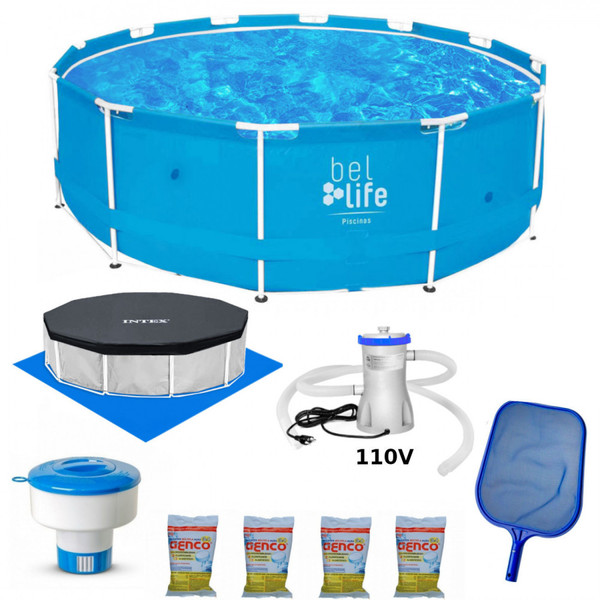 kit piscina 10 000 lt forro capa filtro 110v cloro peneira flutuador