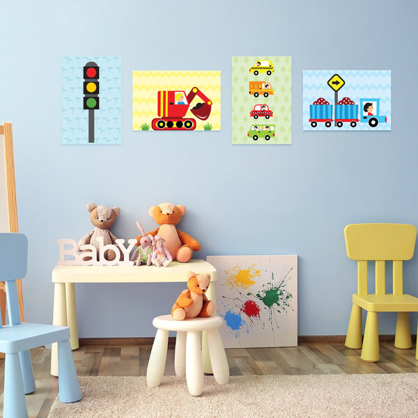 Kit Placa Decorativa MDF Infantil Carros na Cidade 4un 30x40