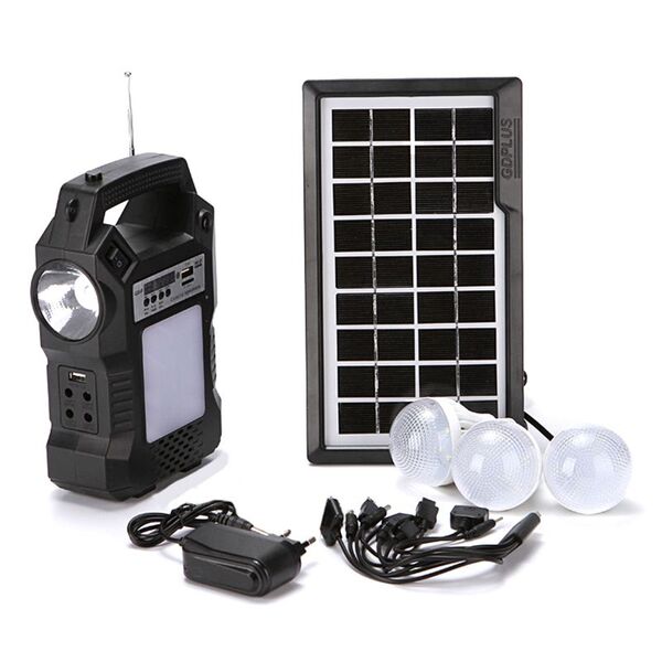 Kit Placa Solar 3 Emergencia Lampada Radio Fm Central Com Bat