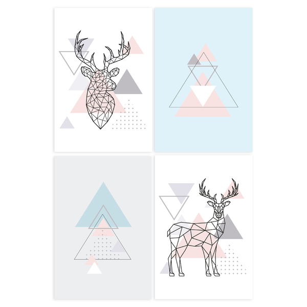 Kit Placas Decoração Minimalista Alce Cinza e Rosa 20x30cm