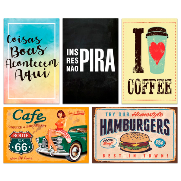Kit Placas Decorativas Frase Café Cozinha Mdf 5 Pçs 20x30 Cm