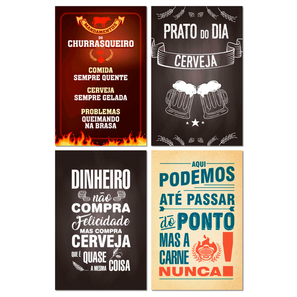 Kit Placas Decorativas Frases Churrasco Mdf 4 Pçs 20x13 Cm