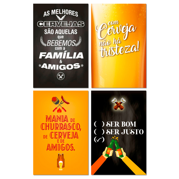 Kit Placas Quadros Cervejas Frases Bebidas 4 Pçs 20x30 Cm