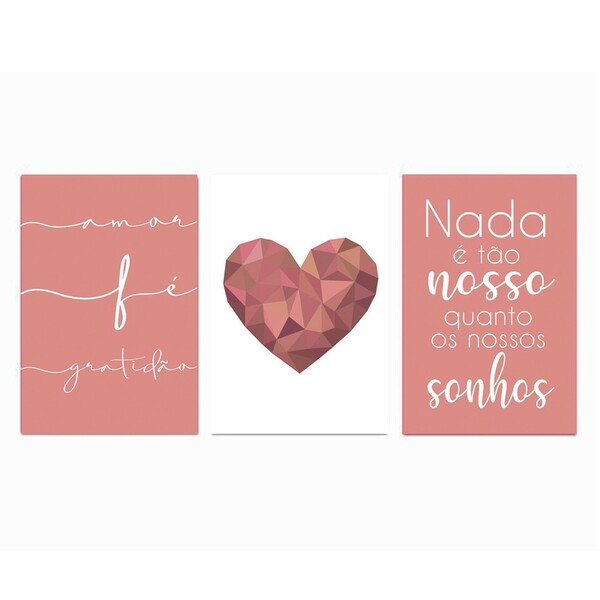 Kit Placas Quadros Decorativos 3 Pçs Mdf 20x30 Coração Rose
